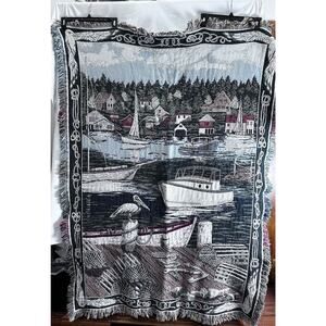 GOODWIN WEAVERS BOATS PIER FRINGED TAPESTRY THROW BLANKET 60X43 Fathers Day